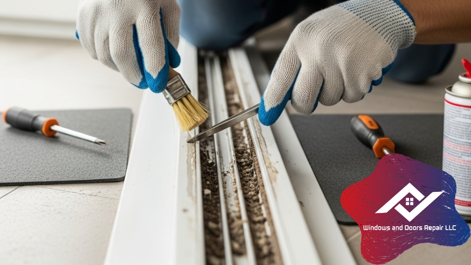 A technician performing a detailed sliding glass door repair.