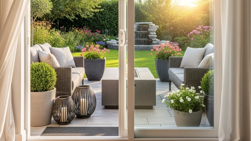 A wide shot of a beautiful patio view through a sparkling clean, fully functional sliding glass door repair.