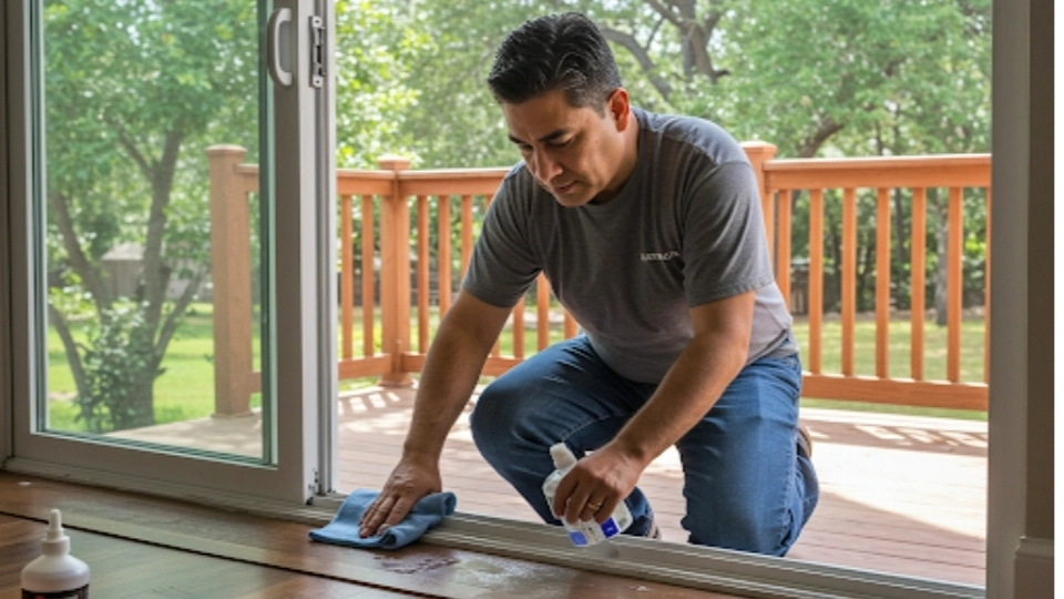 Homeowner cleaning the bottom track of a sliding glass door using tools from a maintenance bundle in a Houston home
