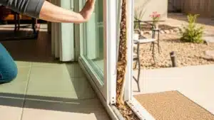 Dirty sliding glass door bottom track filled with debris and damaged rollers in Austin TX home