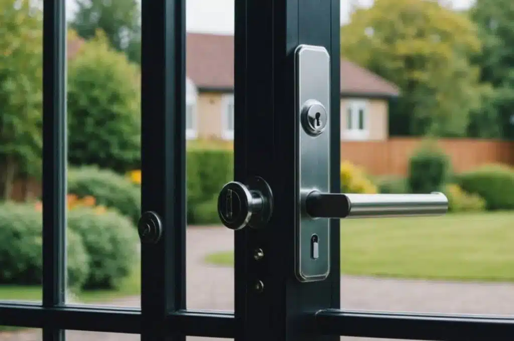 New high-security lock and handle installed on sliding glass door in Austin