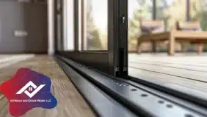 Technician using level to check sliding glass door frame square in Travis County home