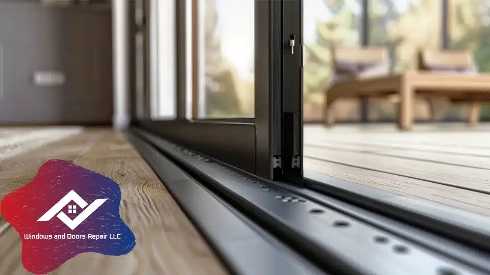 Technician using level to check sliding glass door frame square in Travis County home