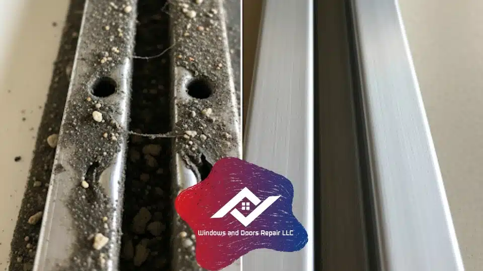 Before and after a professional sliding glass door track repair in Austin, showing a damaged track restored to pristine condition.