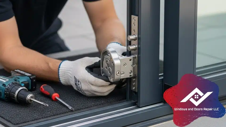 Broken sliding glass door lock being replaced by locksmith Austin