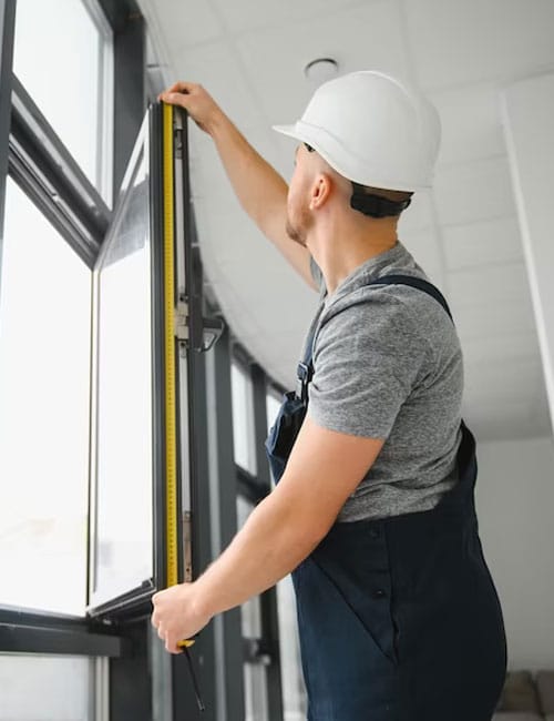 A professional technician performs an expert window screen repair on a beautiful Texas home, showcasing the company's quality service.